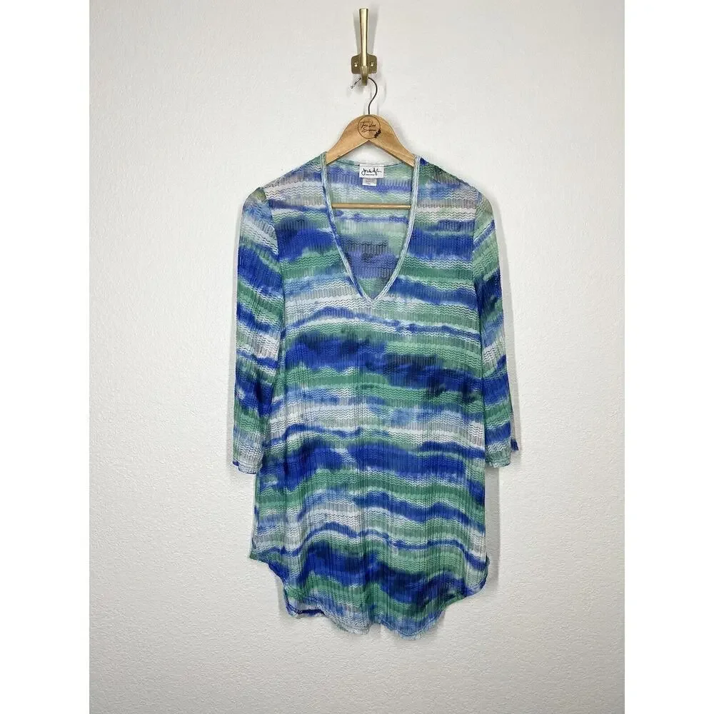 Jordan Taylor Sheer Knit Coverup Tunic Mini Dress Medium M Blue Green White